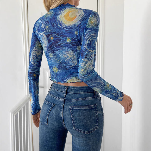Camiseta Estampada Cuello Alto Cielo Estrellado con Malla