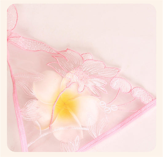 Light pink sheer lace bralette and thong set with delicate floral embroidery, modeled on a mannequin. - Image 11