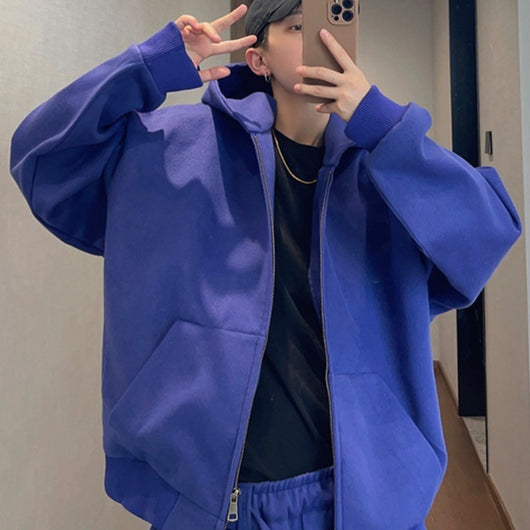 Chamarra Hoodie Azul Suelta con Cierre - Abrigo Corto Retro para Hombre