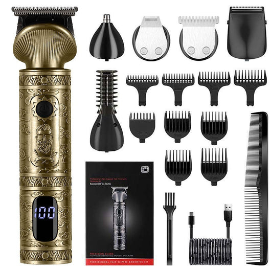 Gold retro carved electric hair clipper grooming kit with multiple trimmer heads, guide combs, cleaning brush, and USB cable. - Image 5