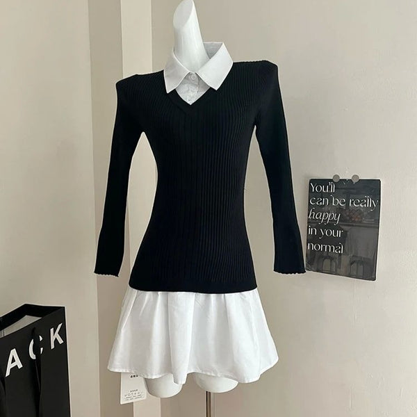 Suéter Preppy Falso Dos Piezas para Otoño e Invierno