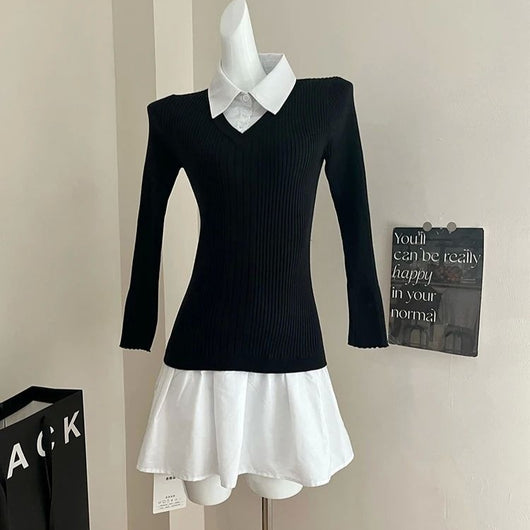 Suéter Preppy Falso Dos Piezas para Otoño e Invierno