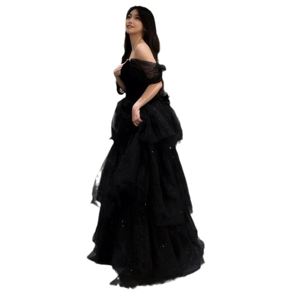 Vestido de Noche Negro Lujo Minoritario Estilo Francés con Falda Tutú