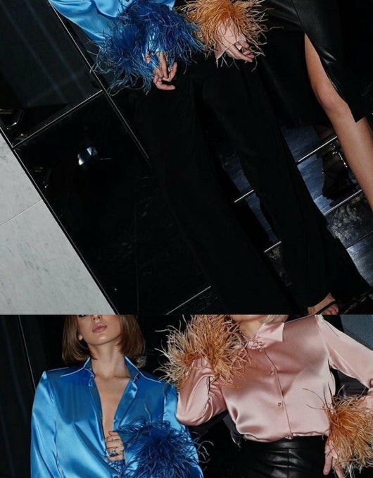 Blusa Larga de Satén Suave con Solapa de Plumas de Avestruz - Lujo Francés para Mujer - Image 6
