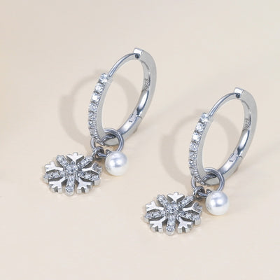 Aretes de Plata S925 con Perla y Diseño de Copo de Nieve - Image 3