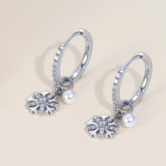 Aretes de Plata S925 con Perla y Diseño de Copo de Nieve - Image 3