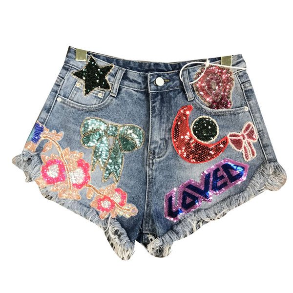Shorts de Mezclilla con Parches de Lentejuelas Luna y Estrella - Image 4