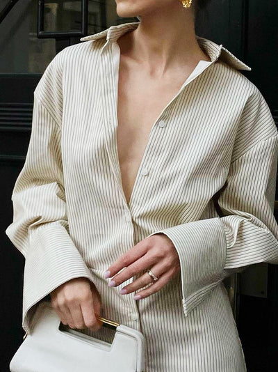 Vestido Camisero Elegante con Rayas y Mangas Largas para Mujer - Image 3