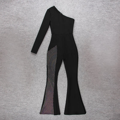 Jumpsuit Asimétrico de Cintura Alta con Pantalón Acampanado de Malla - Image 9