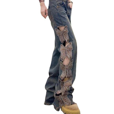 Pantalones Jeans Retro Cintura Alta para Mujer con Detalles Bordados y Recortes - Image 5