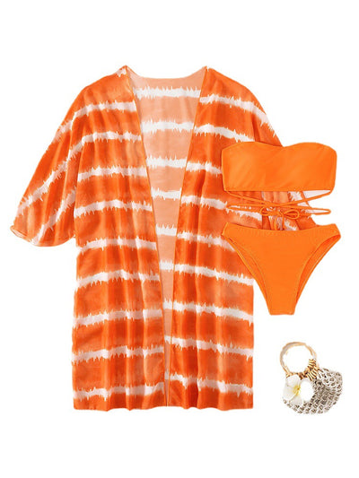Women's orange and white tie-dye chiffon three-piece swimsuit with a bandeau bikini top and matching bottoms. - Image 9