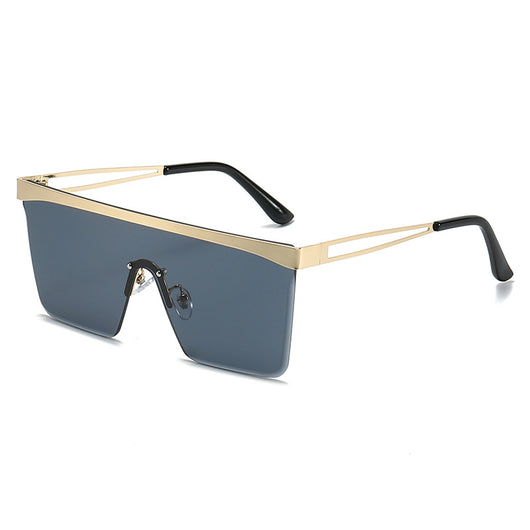 Gold frame square sunglasses with a one-piece gradient blue lens and black temple tips. - Image 8