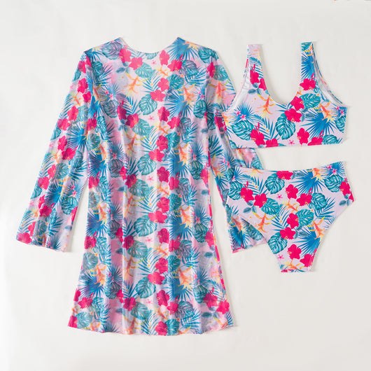 Multicolor tropical print three-piece swimsuit set with high-waisted bikini and sheer mesh cover-up on a beach. - Image 31
