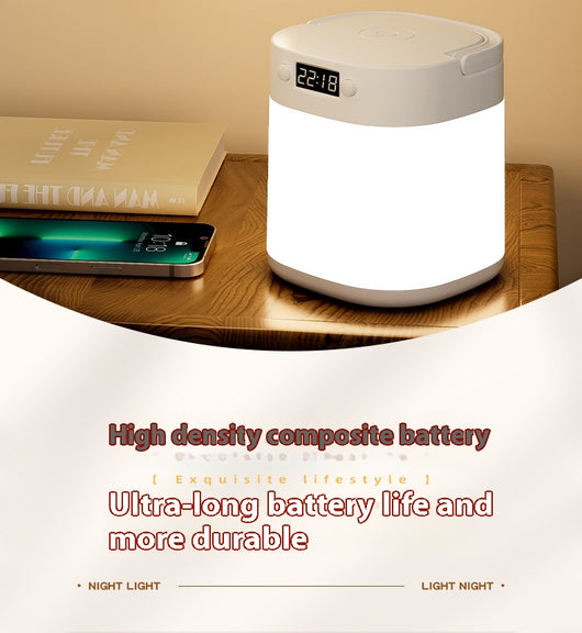 White rechargeable LED table lamp with a digital clock display and a light gray carrying handle. - Image 24
