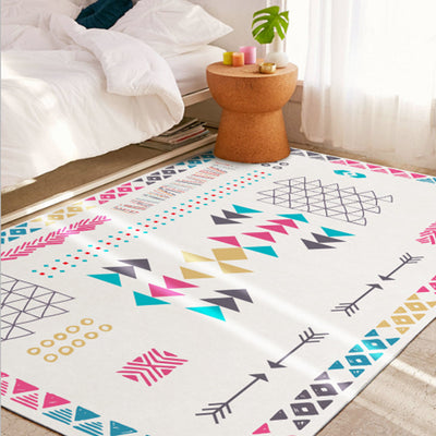 Rectangular area rug with white background and horizontal stripes of black, teal, and yellow tribal patterns. - Image 40