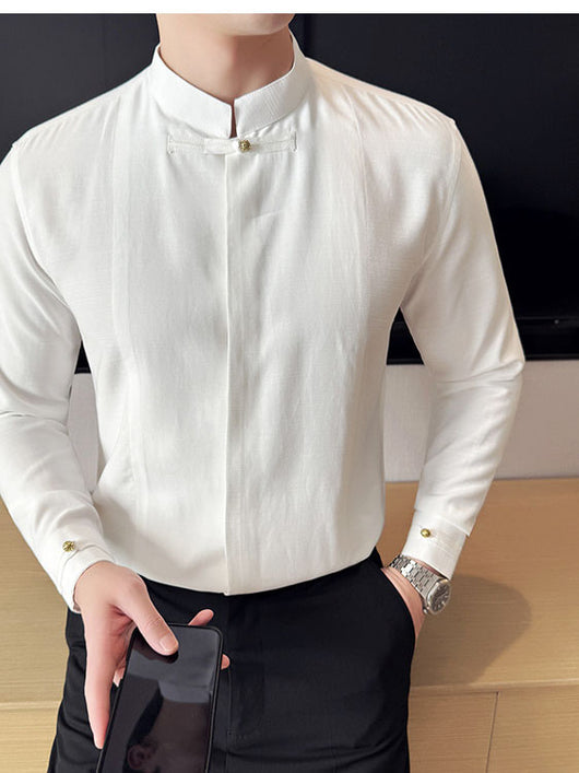 Camisa Manga Larga Cuello Mao Hombre - Diseño Liso Versátil - Image 3