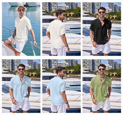 Camisa Lino Henley Hombre Manga Corta Casual Playa Verano - Image 13