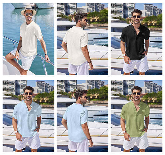 Camisa Lino Henley Hombre Manga Corta Casual Playa Verano - Image 13
