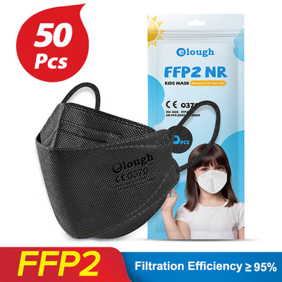 Black FFP2 kids mask with ear loops, shown next to its packaging for a 10-piece pack. - Image 23