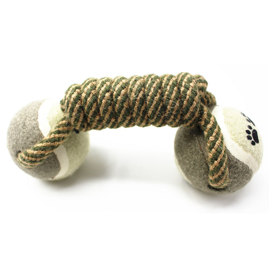 Border collie holding a cotton rope dumbbell dog toy with tennis ball ends and paw print designs. - Image 3