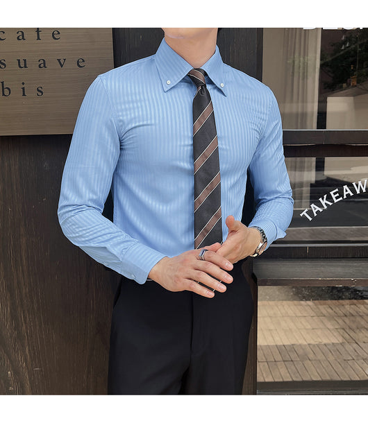 Camisa de Vestir Manga Larga a Rayas para Hombre con Cuello Italiano - Image 32