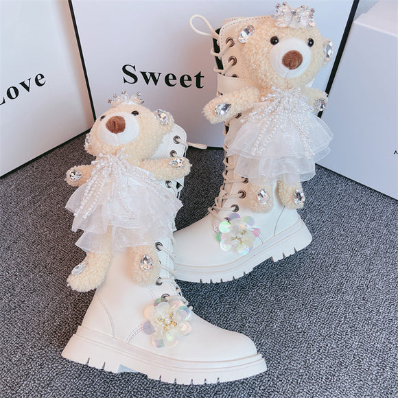 Botas de Cuero con Diseño de Osito para Niñas