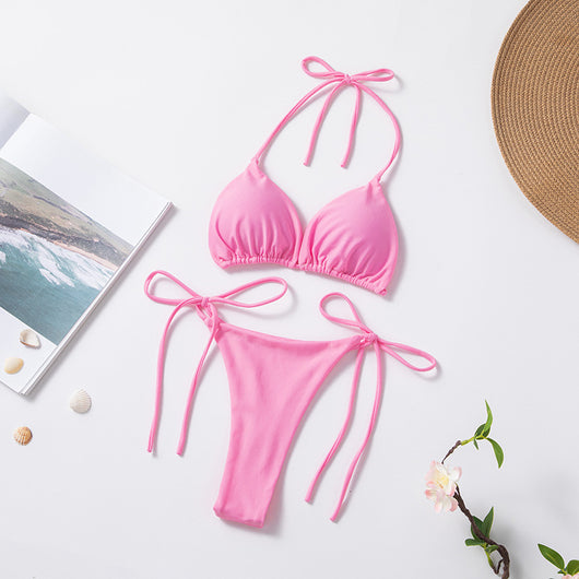 Red solid color two-piece bikini swimsuit with a halter tie-top and adjustable tie-side thong bottom. - Image 8