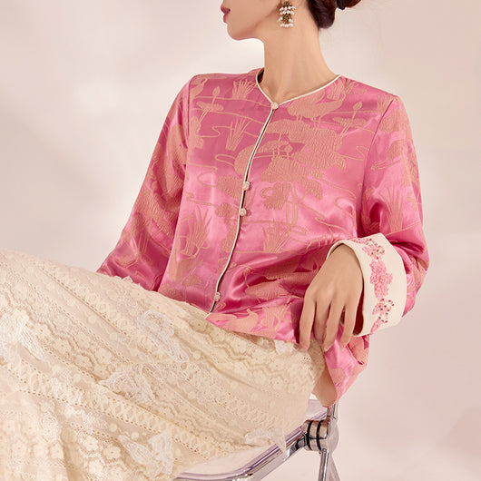 Blusa Retro Estilo Chino con Bordado de Cuentas en Seda Mulberry - Image 4