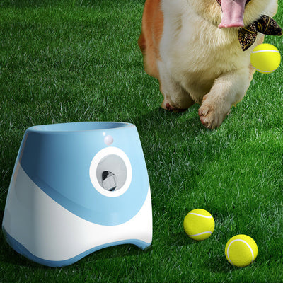 Two automatic dog ball throwers, one yellow and white, one green and white, on a wooden desk. - Image 15