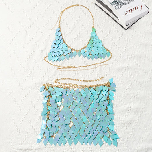 Woman wearing a gold-tone body chain top with iridescent pink and orange diamond-shaped sequins, perfect for beach or festival. - Image 18