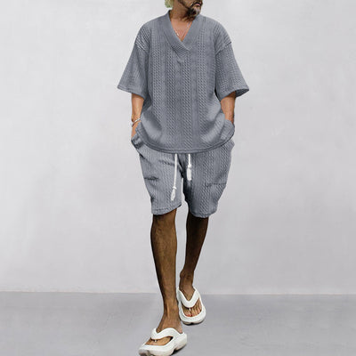 Conjunto de 2 Piezas Hombre: Playera Jacquard Cuello V Manga Corta + Shorts con Bolsillos - Image 13