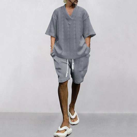 Conjunto de 2 Piezas Hombre: Playera Jacquard Cuello V Manga Corta + Shorts con Bolsillos - Image 13