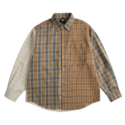 Camisa de Manga Larga Estilo Retro Americano con Costuras Irregulares y Cuadros Contrastados