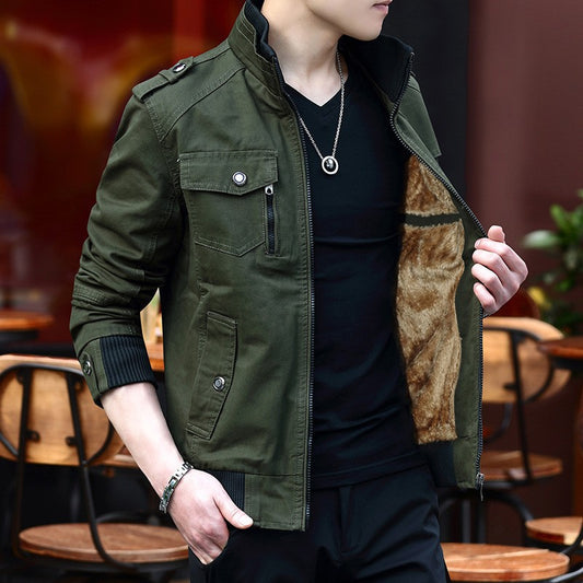 Chaqueta Tipo Aviador Coreana con Cuello Polo Acolchada y Forro Polar