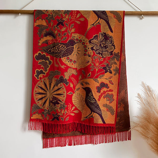 Bufanda Étnica Cálida de Diseño Floral y Aves para Mujer - Image 6