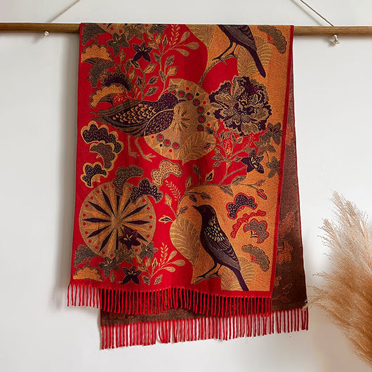 Bufanda Étnica Cálida de Diseño Floral y Aves para Mujer - Image 6