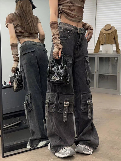 Pantalón Vaquero Vintage Estilo Callejero Americano con Múltiples Bolsillos - Image 8