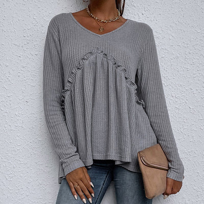 Blusa Casual Cuello Redondo Gris Manga Larga Diseño Asimétrico - Image 9