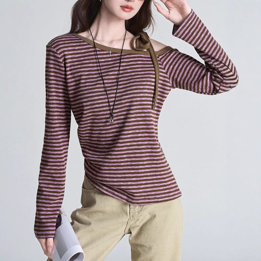 Blusa Slim Rayas Moradas con Hombros Descubiertos Manga Larga - Image 2