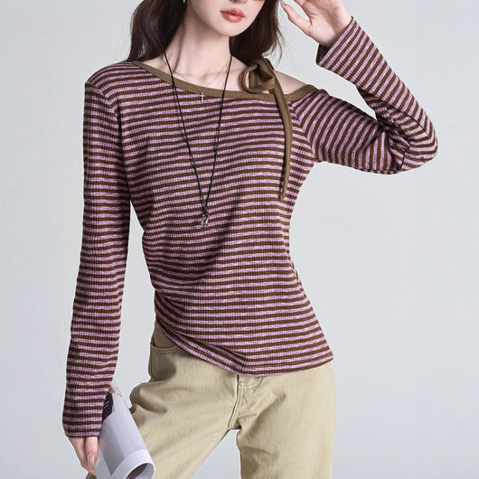 Blusa Slim Rayas Moradas con Hombros Descubiertos Manga Larga - Image 2