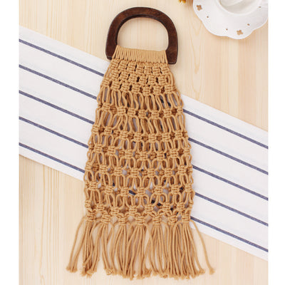 Bolsa Tejida Portátil con Asa de Madera - Bolso de Fibra Natural y Cuerda de Algodón - Image 4