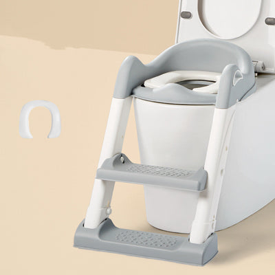 Gray and white children's toilet training seat with a two-step ladder, shown on a white adult toilet. - Image 16