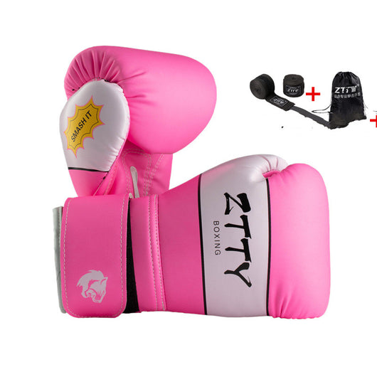 Red and white kids' boxing gloves with "SMASH IT" text, wrist wraps, and a black drawstring bag. - Image 5
