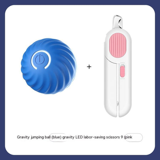 Blue gravitational jumping pet ball with a power button, shown next to an orange replacement shell for the toy. - Image 10