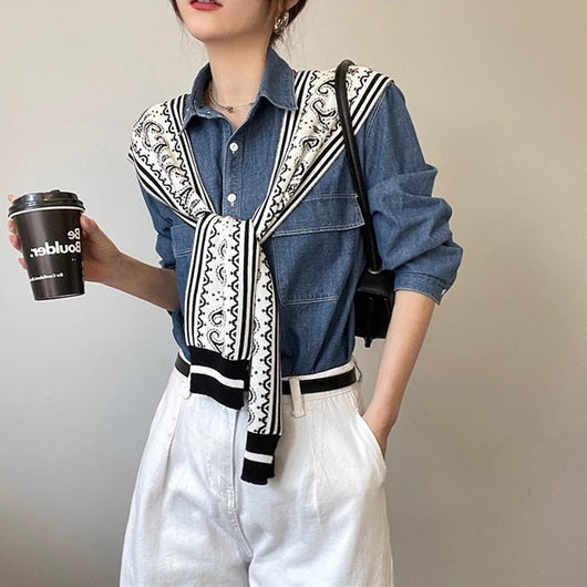 Blusa Tejida Coreana Primavera-Otoño con Cuello Falso y Detalles Paisley en Hombros - Image 11