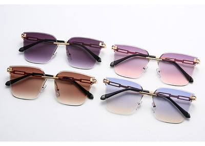 Frameless oversized square sunglasses with brown gradient lenses and gold-tone metal temples, featuring decorative black studs. - Image 19