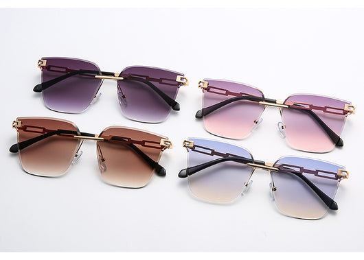 Frameless oversized square sunglasses with brown gradient lenses and gold-tone metal temples, featuring decorative black studs. - Image 19