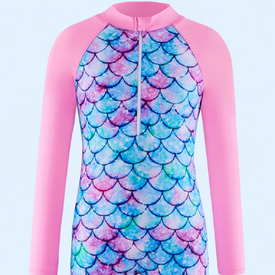 Children's long-sleeve swimsuit with a colorful floral print body and solid pink raglan sleeves, featuring a front zipper.