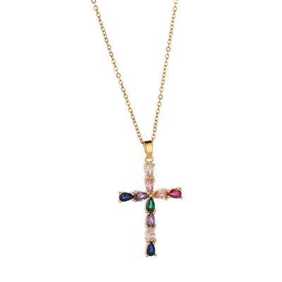 Collar de Cruz Agua Brillante con Circón Multicolor Enchapado - Image 7