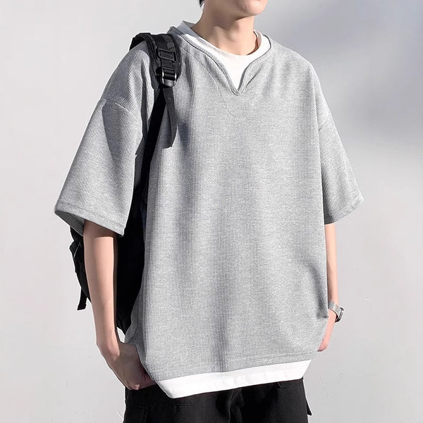 Playera de Verano Hombre Cuello Falso Dos Piezas Manga Corta Trendy